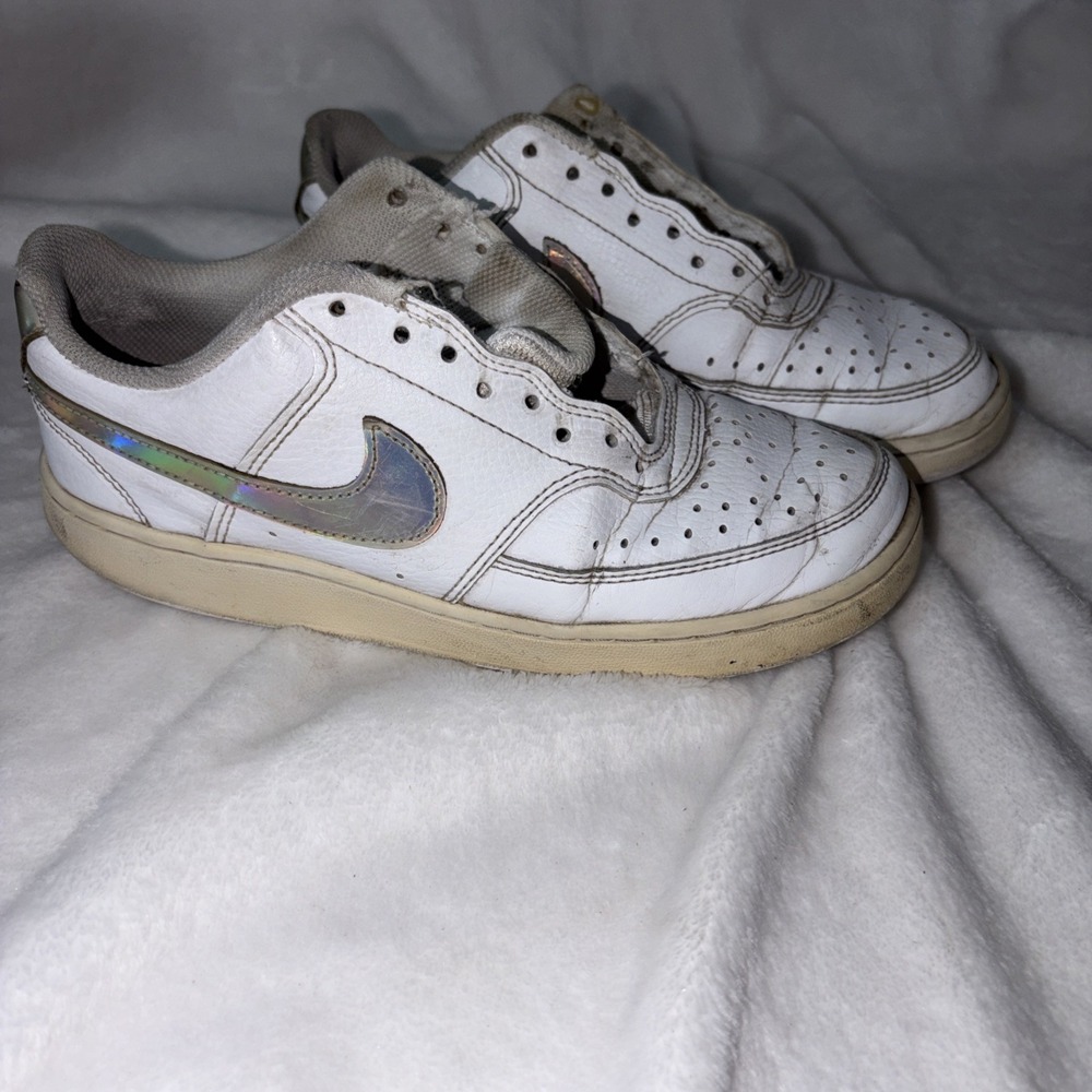 Nike Court Vision Low Top White Iridescent Swoosh Sneakers Women's Size 7.5